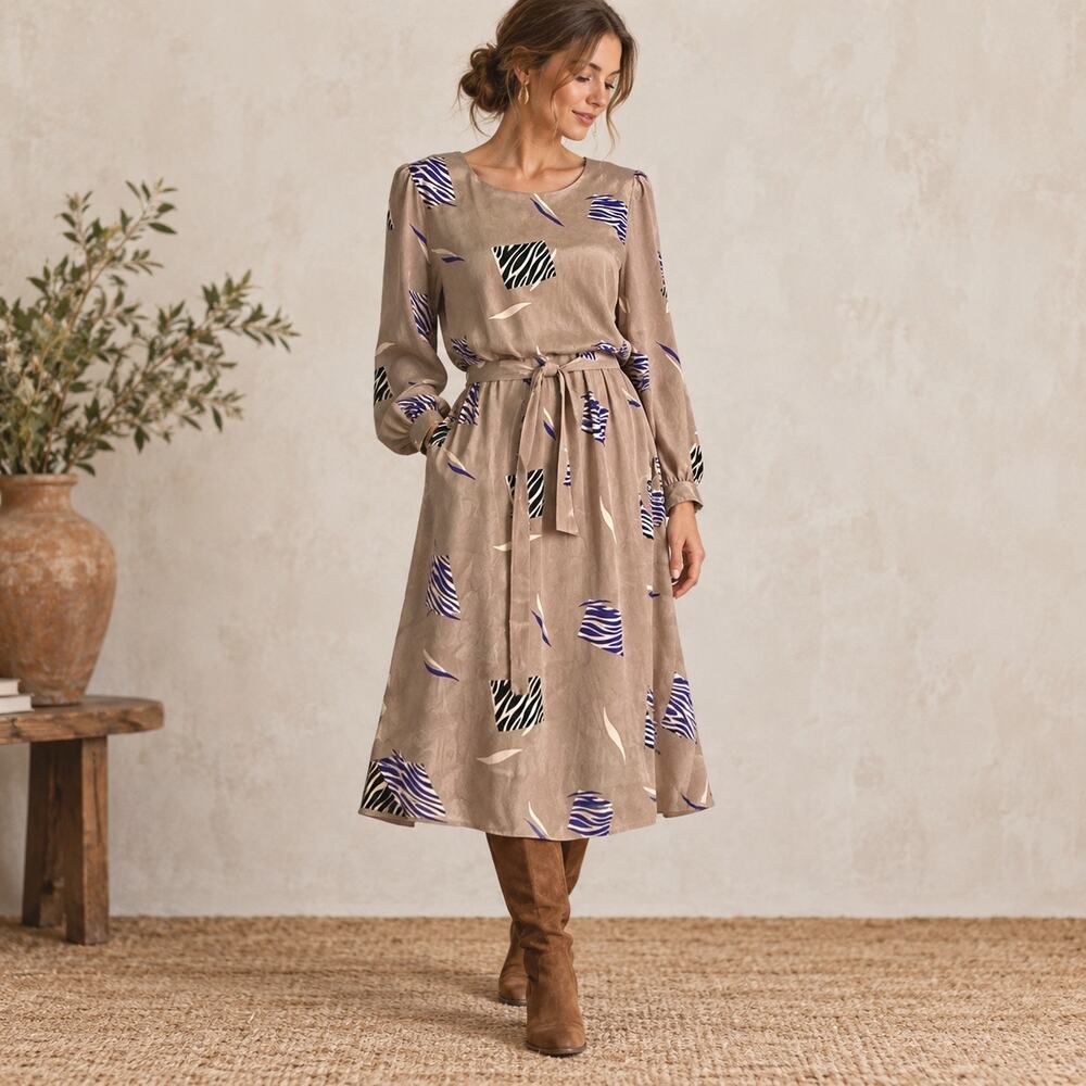 Vintage 80s Murray M Petites Abstract Print Belted Midi Dress M/L